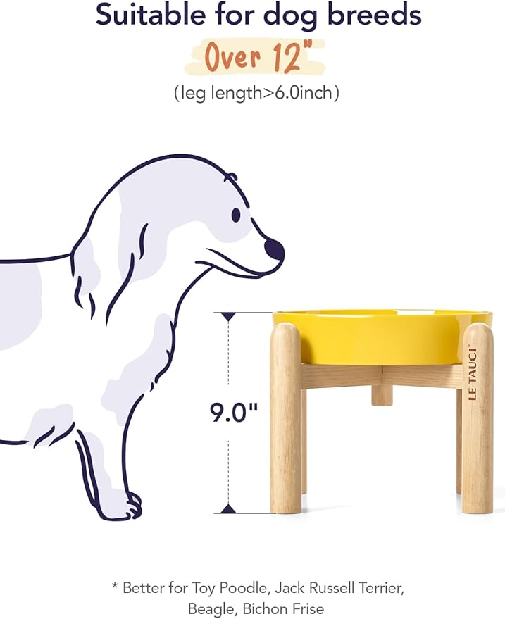 LE TAUCI Ceramic Slow Feeder Dog Bowls Elevated, 3 Cup Raised Bowl with Wooden Stand for Medium Large Breed, Slow Down Eating, Puzzle Dog Food Bowl, Star Yellow