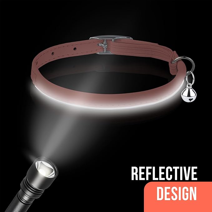 OOPSDOGGY Rolled Leather Cat Collar with Bell, Reflective Kitten Collars with Buckle Include Safety Elastic Strap - Adjustable Small Pet Collars for Boy Girl Cats (Peach)