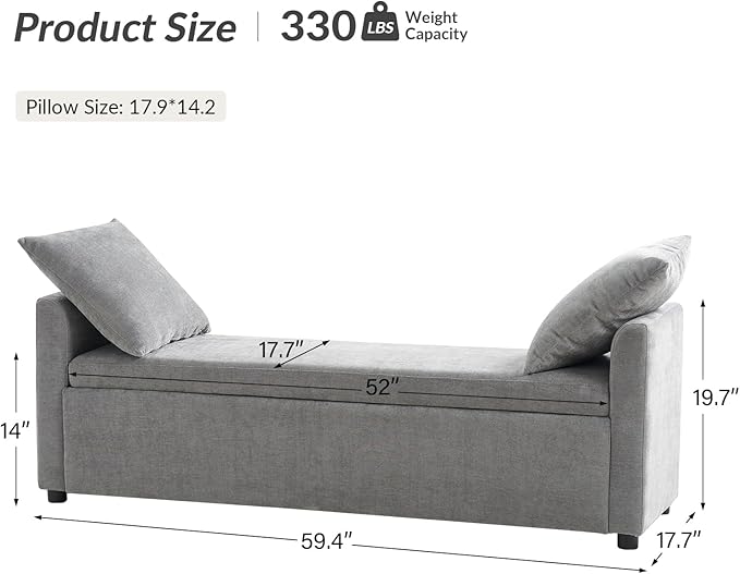HULALA HOME Modern Storage Bench with Throw Pillows, 59.4" Extra Long Bedroom Ottoman Bench for End of Bed, Comfy Upholstered Footstool for Living Room Dining Room Entryway, Grey