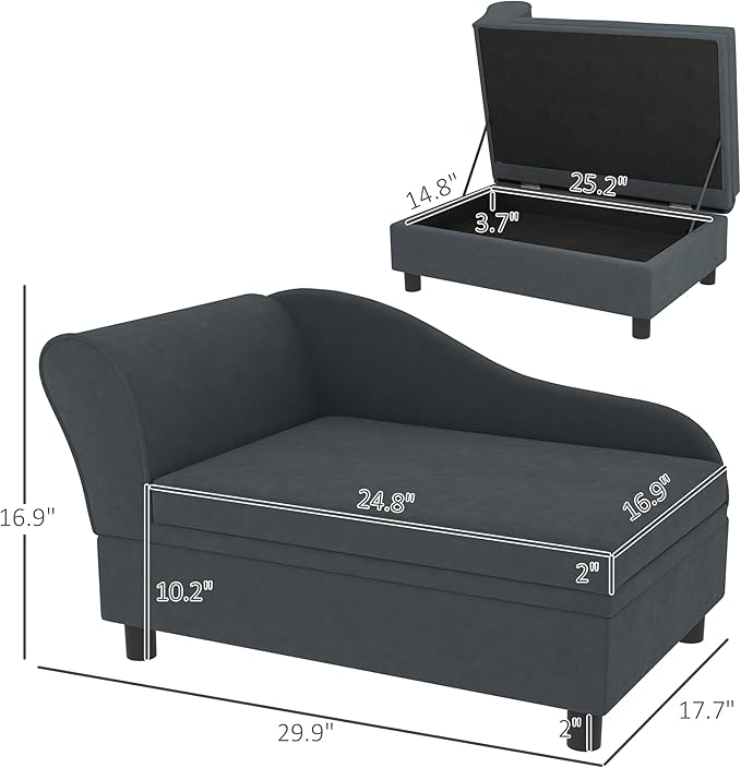 PawHut Luxury Fancy Dog Couch with Hidden Storage, Small Dog Sofa Bed with 2" Soft Foam, Modern Pet Furniture for Puppies & Little Breeds, Dark Gray