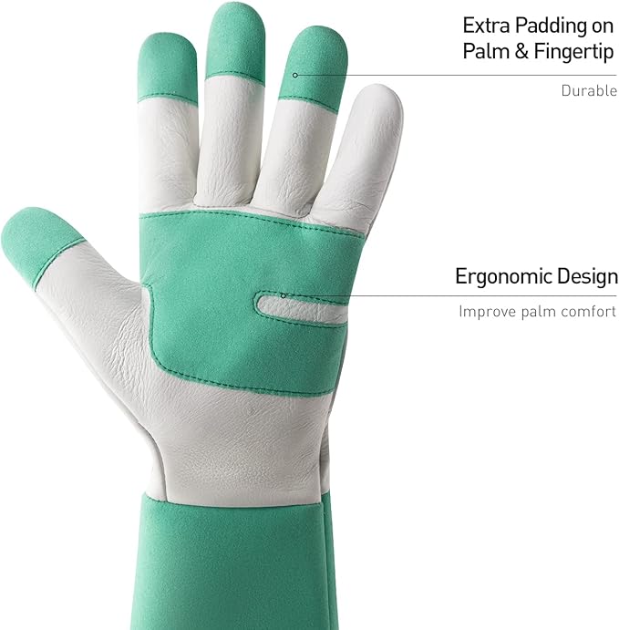 HANDLANDY Long Gardening Gloves for Men & Women, Thorn Proof Rose Pruning Gloves Leather Gauntlets Garden Glove Yard Work Glove (XS, Green)