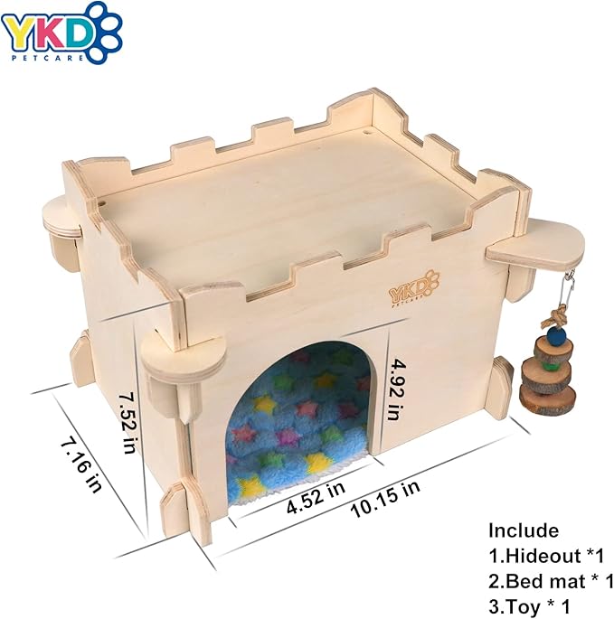 YKD Castle Chinchilla House - Small Animal Hideout for Chinchilla Guinea Pig Hedgehog, or Rat - Ventilated Wooden Guinea Pig Hut Habitat with Multiple Doors (Medium)