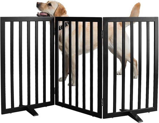 ZJSF Freestanding Indoor Dog Gate for House Foldable Wood Puppy Gate for Doorways Pet Gate for Stairs Extra Wide Pet Fence, Black, 32" Height 3 Panels