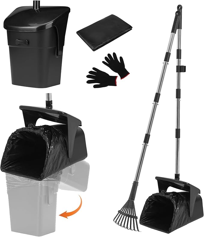 SCENEREAL Dog Pooper Scooper for Yard, Dog Poop Trash Can Outside Swivel Bin Rake Kit for Large Medium Small Dogs with 40 Waste Bags, Extra Long 45" Metal Handle, Portable Heavy Duty Outdoor Scooper