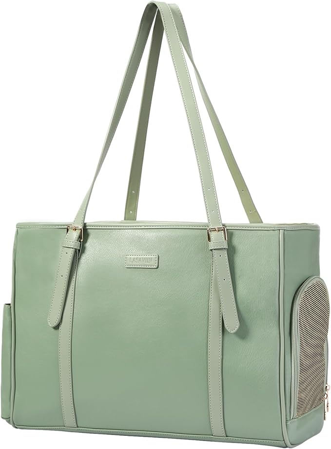 Fashion Dog Purse Pet Carrier Leather Bag for Small Dogs Cats Puppy, Portable Tote Bag Airline Approved Soft-Sided Carriers (Green)