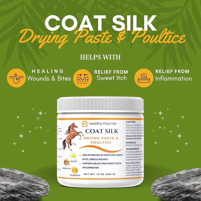 Coat Silk Drying Paste & Poultice for Horses – Natural Relief for Wounds, Scratches, Sores & Sweet Itch – Enriched with Sulfur, Boswellia & Calendula – 10 oz
