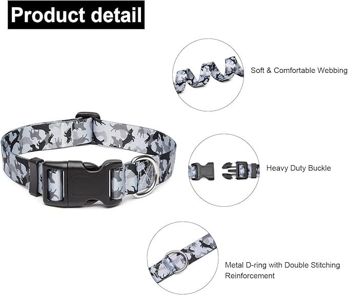Mercano Adjustable Dog Collar - Special Design Patterns, Soft Nylon Comfortable Durable Pet Collar for Small Medium Large Dogs (XS, Dog Camouflage Grey)