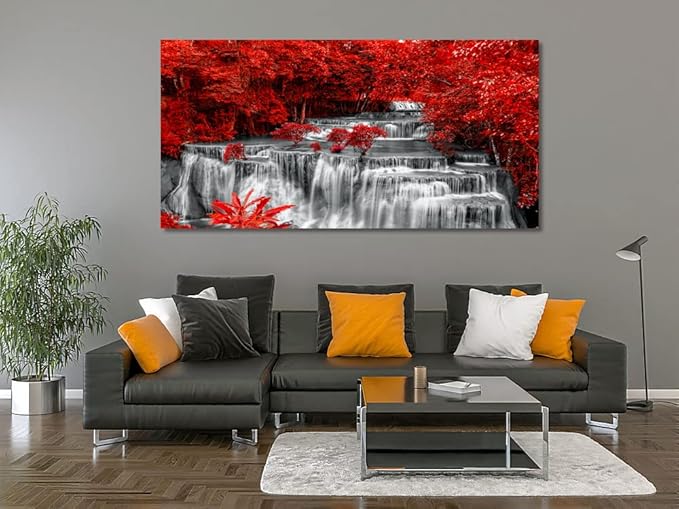 Yxbhhym Large Black and White Decor Waterfall Canvas Wall Art Red Tree Wall Decor Landscape Prints Posters Forest Scenery Paintings for Wall Decoration Bedroom Living Room Décor- Framed Wall Art