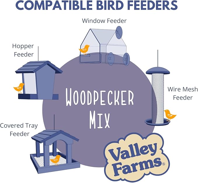 Valley Farms Woodpecker Mix (15 LB) Wild Bird Food for Outdoor Feeders, No Mess Bird Seed, W/Peanuts and Sunflower Hearts for Birds, Woodpecker Food, Attract All Bird Species