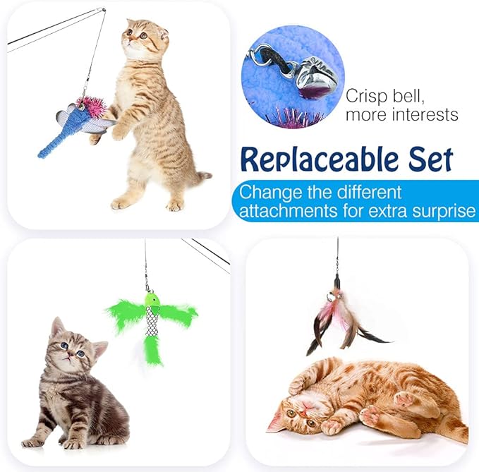 Pawaboo Cat Feather Toys, 4 Pack Interactive Teaser Wand, Retractable Fishing Pole Catcher Exerciser With Refill Fish, Dragonfly Worm With Bells, Fun Kitten Kitty Playing Toy