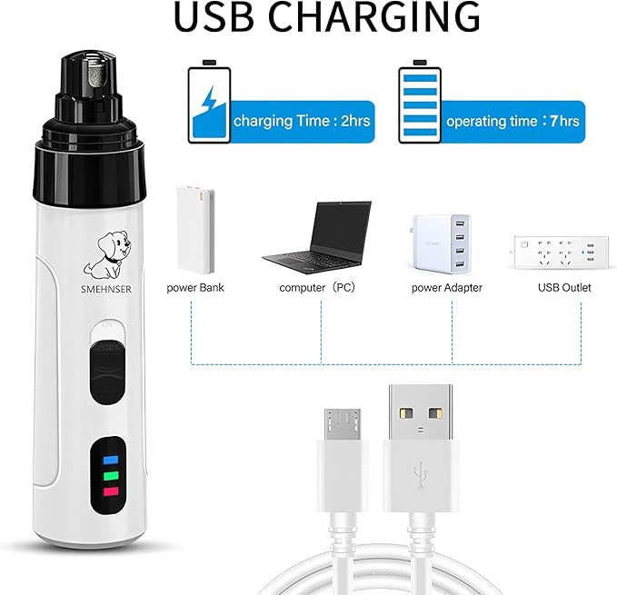 Electric Dog Nail Grinder - USB Rechargeable Electric Nail Trimmer with 3 Diamond Grinding Heads for Small to Large Dogs & Cats
