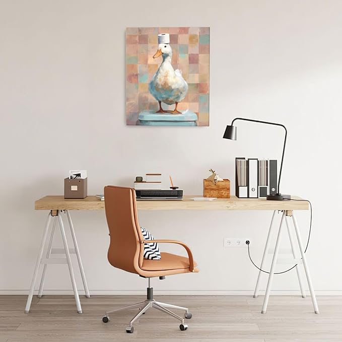 Funny Duck Bathroom Wall Art Cute Duck on Toilet Canvas Wall Decor Funny Quirky Farm Animal Pictures Painting Print Framed Artwork Decorations Gifts for Bathroom 20"x24"