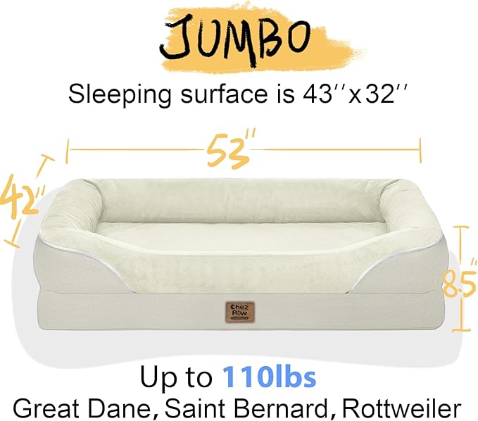 Washable Orthopedic Large Dog Bed - Removable Waterproof Cover with Bolster Machine Washable Extra Large Dogs Beds Foam Support XL Big Pet Beds