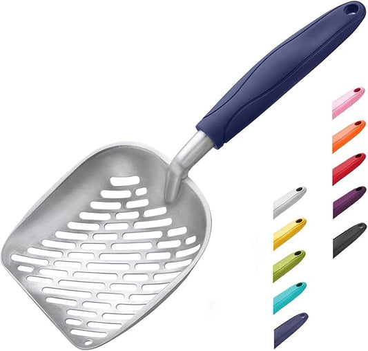 WePet Cat Litter Scoop, Aluminum Alloy Sifter, Kitty Metal Scooper, Deep Shovel with Diagonal Sifting Hole, Long Handle, Kitten Poop Lifter for Litter Box, Medium Size, Blue Handle
