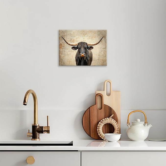 Rustic Highland Cow Pictures Wall Art, Farmhouse Longhorn Bull Bathroom Wall Decor Black Cow Framed Painting Canvas Artwork for Bathroom Bedroom Living Room Decorations 16"L x 12"W
