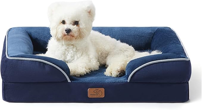 Bedsure Orthopedic Dog Bed Medium Size Dogs - Washable Medium Dog Cat Bed Waterproof, Comfort Pet Couch Sofa with Washable Removable Cover, Pets Bed with Nonskid Bottom, Blue Navy, 28"