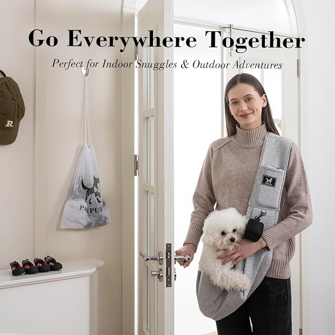 Dog & Cat Carrier Sling, Adjustable Soft Padded Shoulder Puppy Carrier, Hands-Free Dog Carrier Bag with Double Safety Buckles Premium Material for Outdoor Travel (Light Gray, L)
