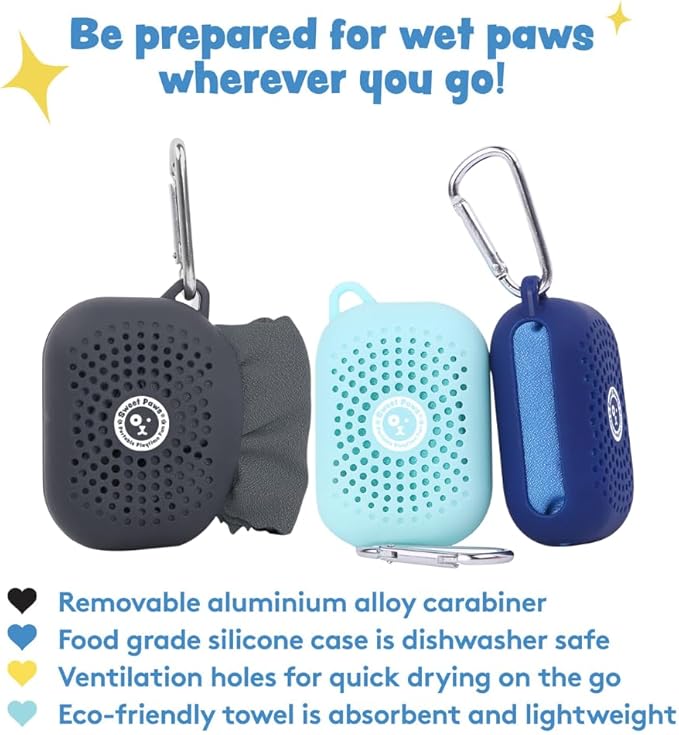 Sweet Paws Portable Dog Paw Towel, Lightweight & Super Absorbent Microfiber, Clips onto Leash, Quick Drying Towel for Dogs Paws with Silicone Case, Dry Dog’s Paws on The Go - Large - Clean Slate
