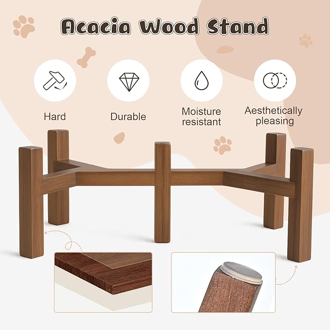 SPUNKYJUNKY Ceramic Elevated Dog Bowl Set with Acacia Wood Stand for Food and Water for Small Medium Sized Dogs (28.74 OZ, Black, Dog Paw Pattern)
