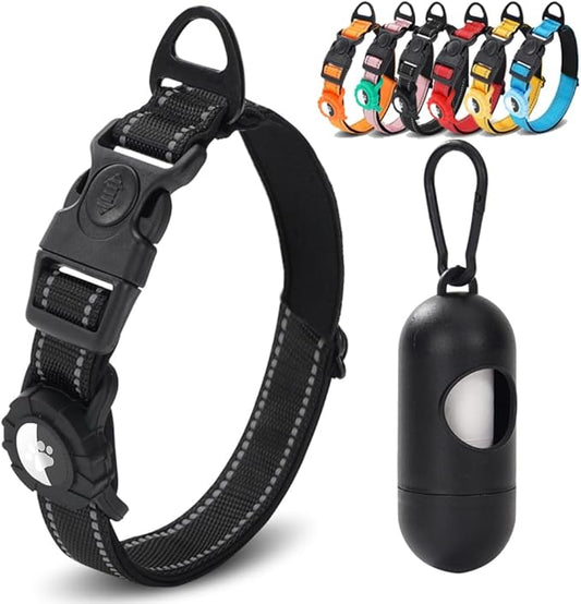 JSXD AirTag Dog Collar, Night Reflective Nylon Dog Collar for Small Medium Large Dogs,Lockable Quick Release Buckle,Padded Breathable Pet Collar with AirTag Holder (Black, Small)