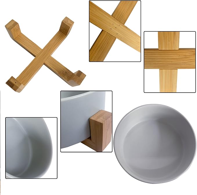 Ceramic Dog Cat Bowl with Wood Stand,Cat Food & Water Bowls Elevated Non-Spill Modern Cute Kitty Dishes Heavy Weighted Round Pet Dishes Set for Small Kitten Grown Cat(Grey)