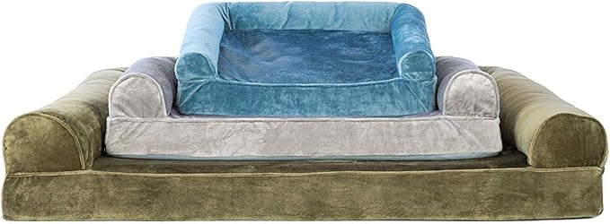 Furhaven Orthopedic Dog Bed for Large Dogs w/ Removable Bolsters & Washable Cover, For Dogs Up to 95 lbs - Faux Fur & Velvet Sofa - Harbor Blue, Jumbo/XL
