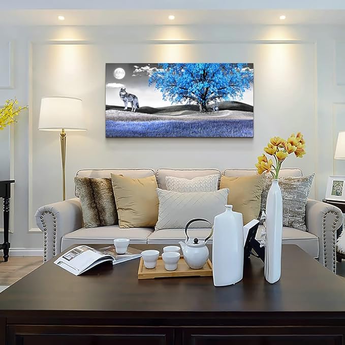 Large Size Canvas Wall Art For Living Room Wall Decor For Bedroom Modern Office Decorations Blue Tree Wall Pictures Artwork Black And White Scenery Paintings Room Wall Prints Art Home Decor 24" X 48"