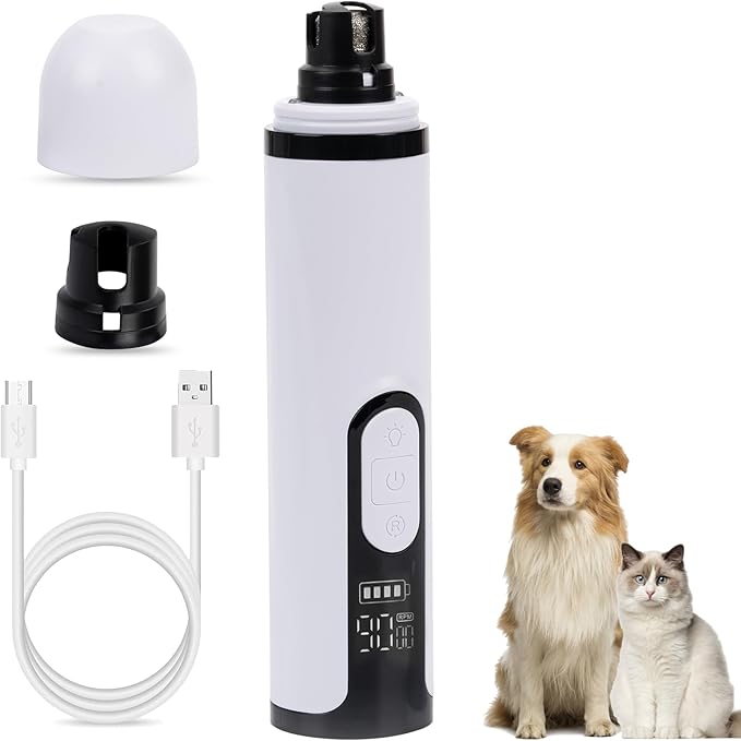 Pet Nail Grinder for Dogs and Cats - Super Quiet and Low Vibration Electric Dog Nail Grinder with 2 LED Lights - USB Rechargeable and Cordless - 3 Speeds - Small to Large Pets (White)