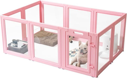 DIY Clear Acrylic Dog Playpen House,Quick Easy Assembly and Disassembly,Strong Floor Suction,Indoor and Outdoor Use,Easy Cleansing Puppy Fence (Sakura Pink, 23.6" H, 12PCS)