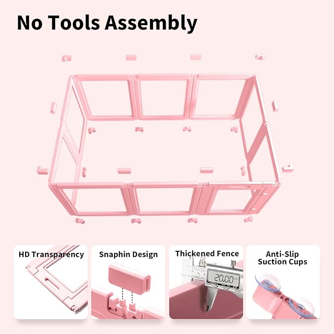 DIY Clear Acrylic Dog Playpen House,Quick Easy Assembly and Disassembly,Strong Floor Suction,Indoor and Outdoor Use,Easy Cleansing Puppy Fence (Sakura Pink, 23.6" H, 10PCS)