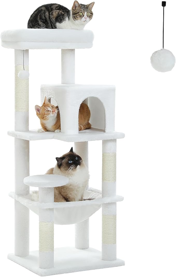 PETEPELA 45.7" Cat Tree for Large Cats, 5-Level Cat Tower for Indoor Cats with Large Hammock (17.3"x15.3"), Cat Condo with (18.5"x13") Big Top Perch & 4 Sisal Covered Scratching Post, White