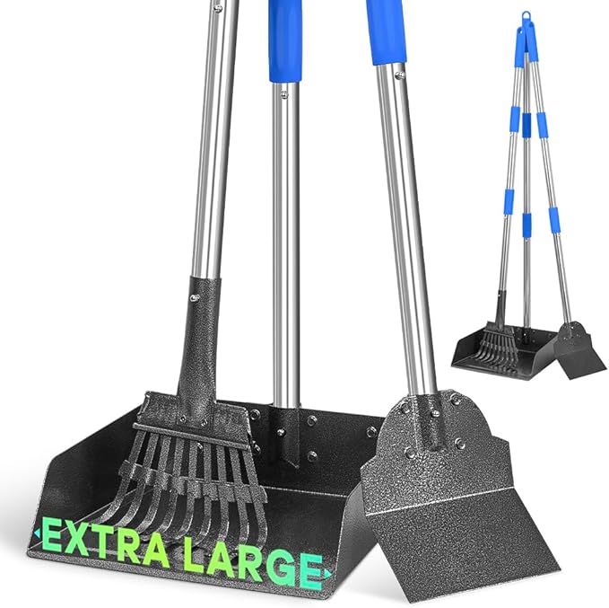 Larger Pooper Scooper Dog Pooper Scooper for Large Medium Small Dogs Heavy Duty Stainless Steel with Long Handle Tray Rake Shovel for Yard