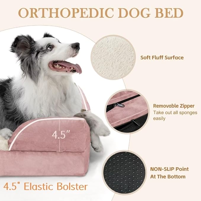 Comfort Expression Large Dog Beds Waterproof Orthopedic Foam Dog Beds for Large Dogs Sofa Comfy Pet Bed with Non-Slip Bottom & Washable Removable Cover(Pink)