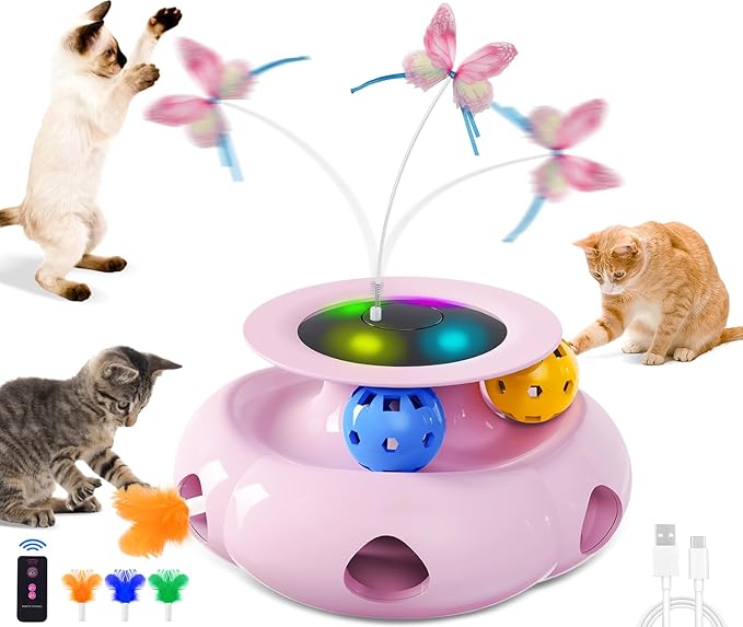 Cat Toys Interactive Rechargeable 3in1 Whack a Mole Cat Toy, Fluttering Butterfly, Track Balls, Touch Activated Automatic Kitten Toys for Indoor Cats