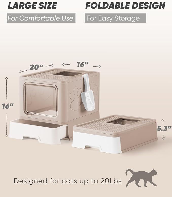 Enclosed Cat Litter Box, Large Litter Box for Big Cats, Covered Kitty Litter Boxes with Lid, Top Entry Cat Box Enclosure with Scoop, Odor Control, Easy to Clean(Coffee)