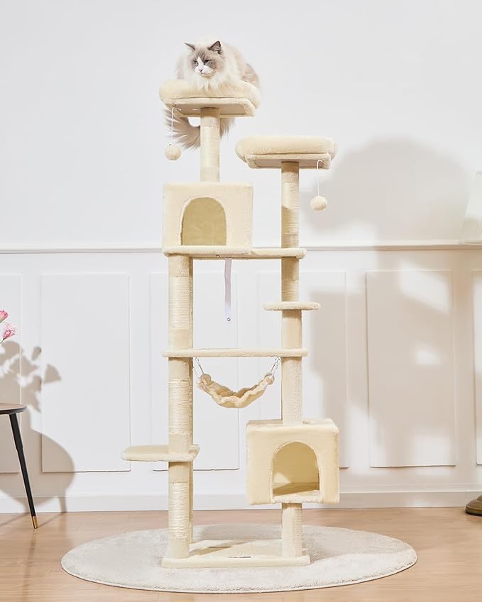 Taoqimiao Cat Tree, 68-Inch Cat Tree Cat Tower for Indoor Cats, Plush Multi-Level Cat Condo with 6 Scratching Posts, 2 Perches, 2 Caves,Hammock, 3 Pompoms,MS020SM Beige