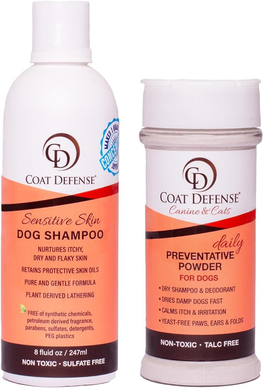 COAT DEFENSE Paw Licker Bundle | Dry Powder for Dogs & Sensitive Skin Dog Shampoo for Allergies and Itching | Smell & Itch Relief | Itchy Skin Relief & Yeast Dog Treatment