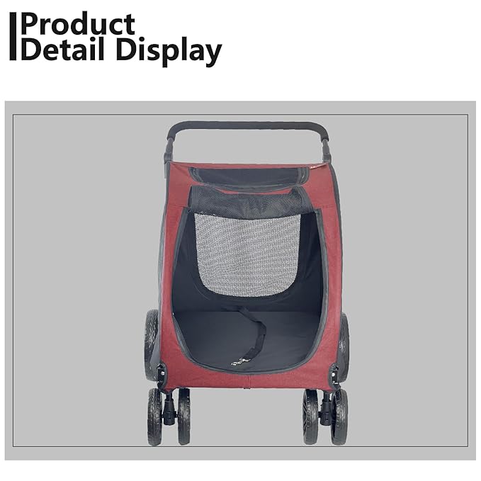 Extra Large Dog Stroller for Medium & Large Pets - Foldable Design, Adjustable Handle, Up to 130 lbs(Red)