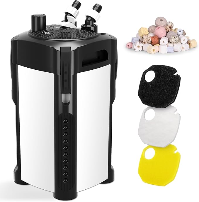 AQQA 581GPH Canister Filter, Ultra-Quiet External Aquarium Canister Filters, 3 Stage Filtration Aquarium Filter with Quartz Balls and Filter Cotton for Fish Tanks and Aquariums Up to 150 Gallon 35W