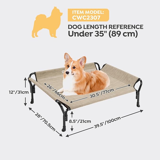 Veehoo Medium Elevated Dog Bed, Guardrail, Non-Slip, Teslin Mesh, 35"L x 26"W x 11"H, Beige Coffee