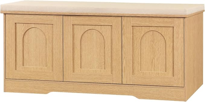 DINZI LVJ Shoe Bench, Entryway Storage Bench with Doors, Cushion, 2-Tier Shoe Rack with 6-Cubby, 39.4”L x 13.8”W Shoe Organizer Cabinet, Adjustable Shelf, Living Room, Bedroom, Natural