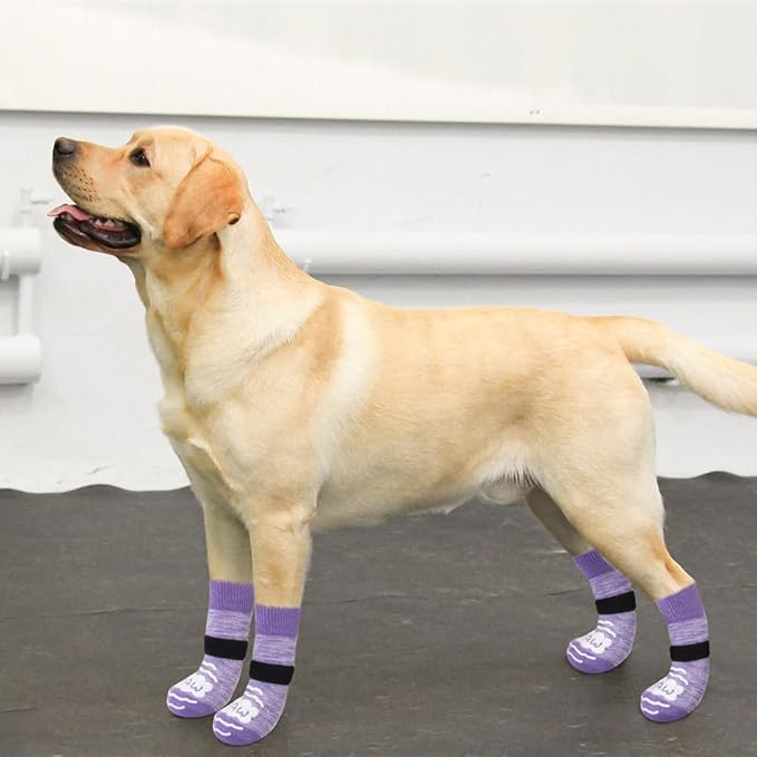 BEAUTYZOO Anti Slip Dog Socks for Small Medium Large Dogs with Grips Straps on Hardwood Floor Protection Wear, Traction Control 4 Pairs Double Side Paw Protector to Prevent Licking for Girl or Boy