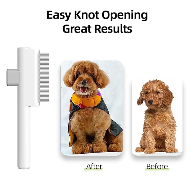 Marchul 2Pcs Pet Comb Flea Comb Set for Cats Dogs, Cat Grooming Brush with Release Button and Stainless Steel Round Teeth, Self-Cleaning Dog Combs for Removing Pet Hair, Knots & Loose Fur, White