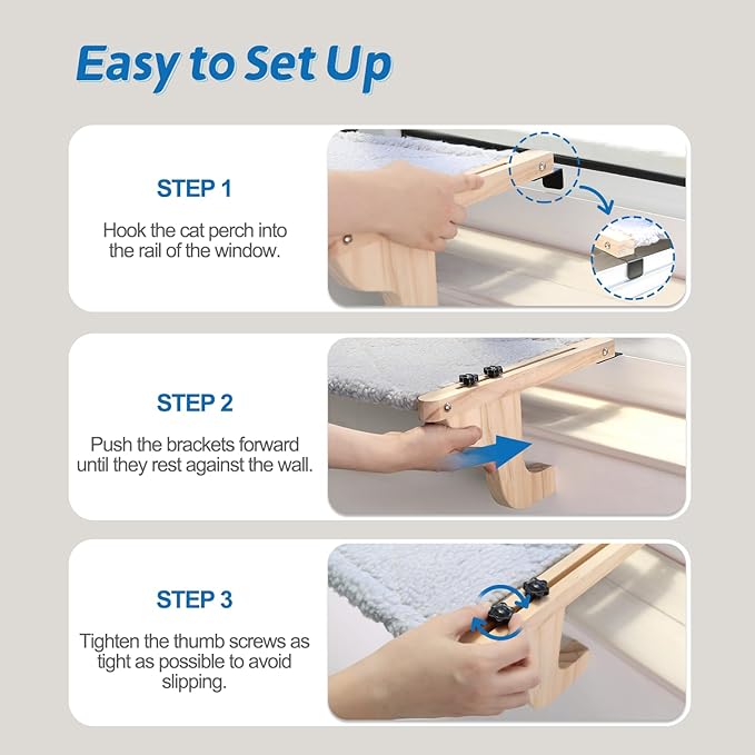 Easy Seat Cat Perch for Window Sill - Hammock Design w/Pine Wood & Robust Metal Frame - Cat Window Seat for Large Cats and Kittens (Natural Color Wood w/White Bed, Medium (23''W x 14''D))