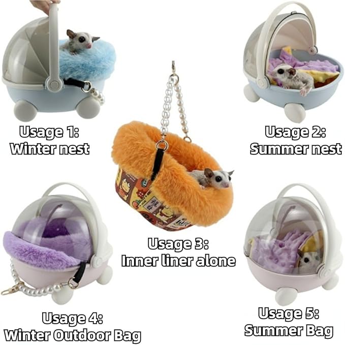 Sugar Glider Carrier Cage with Warm Nest, Cushion, Mat and Safe Lock, Portable Cages with Chain, Small Animals Travel Carrier Plastic Breathable Outgoing Box for Hamsters (Orange)