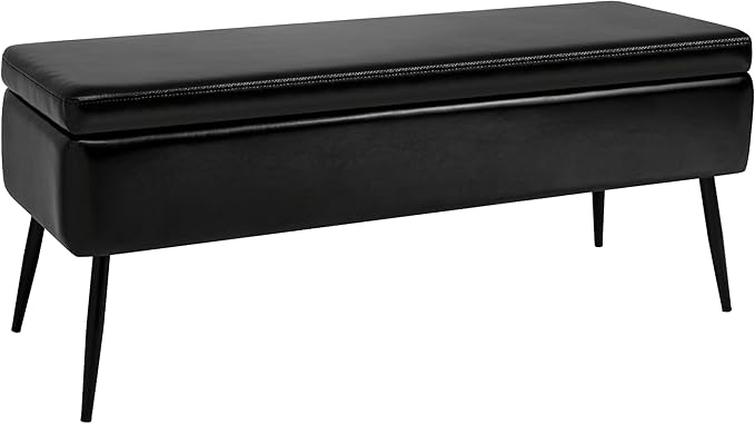 Leather Storage Ottoman Bench,End of Bed Bench for Living Room Bedroom Dinning Room Entryway,Mid-Century Modern,Faux Leather,with Steel Legs,Safety Hinges,Loads 660 lb (Without Button, Black)