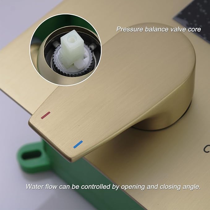 Temperature Display Brushed Gold Shower System Set, Push Button Shower Faucet with 12 inch Ceiling Mount Shower Head and 8 inch Wall Mount Shower Head, with Handheld Shower