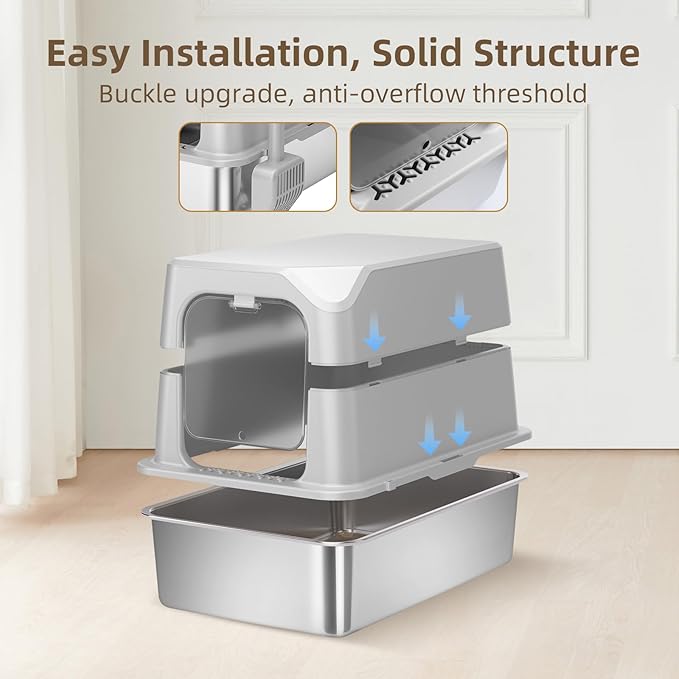 Stainless Steel Cat Litter Box with Lid, Extra Large, Great for Large & Small Cats, Easy to Clean, Anti-Leakage, Non-Sticky, Multifunctional 2 in-1 Metal Cat Litter Box - Light Gray