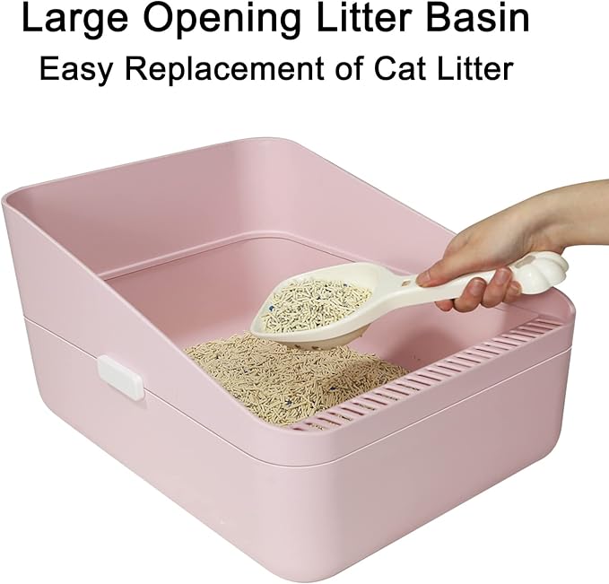 Sfozstra Open High-Sided Litter Box: Pink Medium Anti-Scatter Design - Self-Cleaning Sifting Tray - Low Tracking for Small Cats