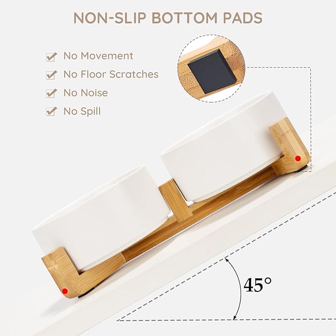SPUNKYJUNKY Ceramic Dog and Cat Bowl Set with Wooden Stand, Modern Cute Weighted Food Water Bowl Set for Medium to Large Size Dogs (42 OZ, 2 × Black)